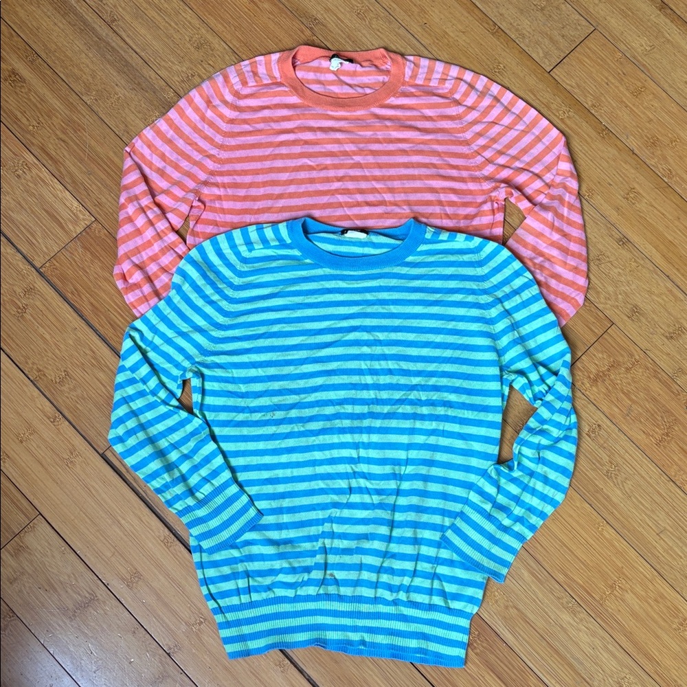 TWO Striped J. Crew Crewneck 3/4 Sleeve Sweaters - M